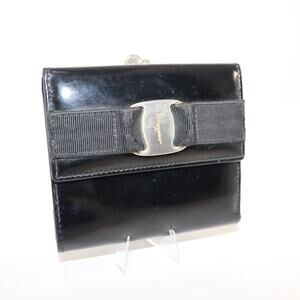 Salvatore Ferragamo Black Leather Wallet w/ Vara Bow & Kiss Lock Coin
